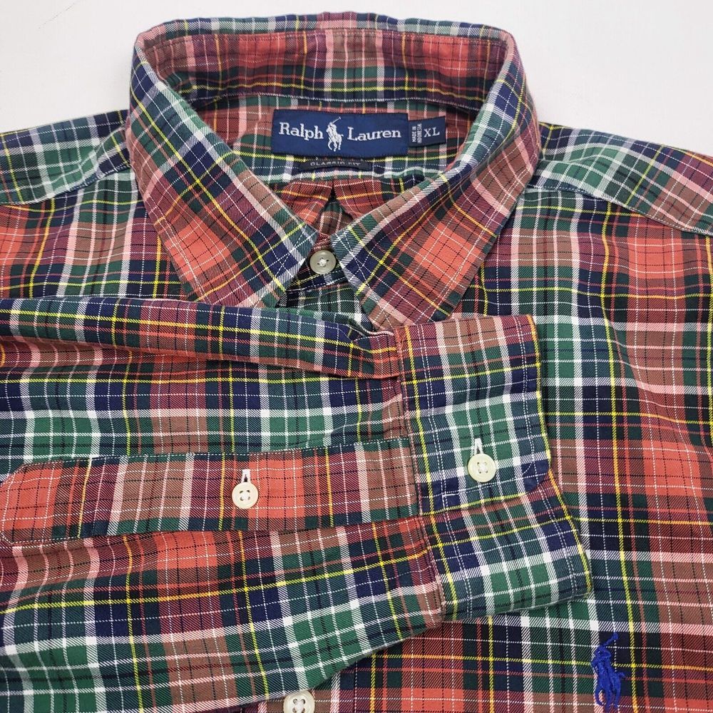 Ralph Lauren Shirt Mens XL Green Red Plaid Custom Fit‎ Long Sleeves Button Down